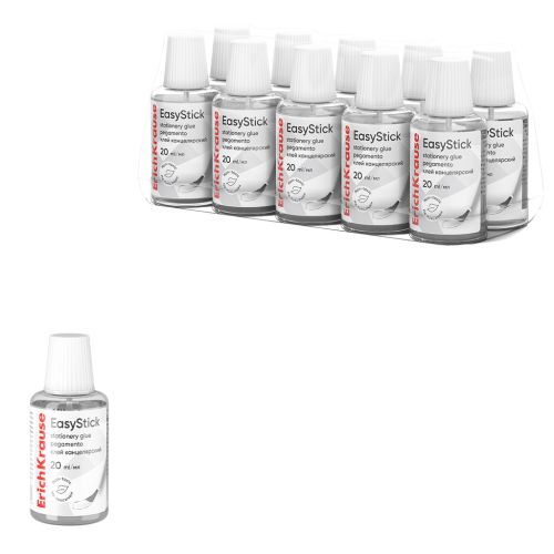 Клей канцелярский ErichKrause EasyStick с кисточкой, 20мл (в пластиковом поддоне по 10 шт.)