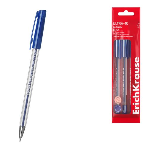 Фото товара Набор из 3 ручек шариковых ErichKrause ULTRA-10 Stick Classic 0.7, Super Glide Technology, цвет черн — Krasavita.by