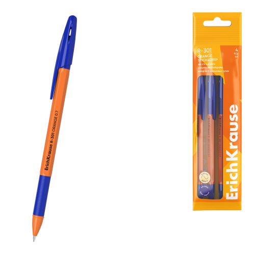 Фото товара Набор из 4 ручек шариковых ErichKrause R-301 Stick&Grip Orange 0.7, цвет чернил синий (в пакете) — Krasavita.by