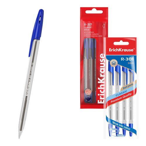 Фото товара Набор из 4 ручек шариковых ErichKrause R-301 Stick Classic 1.0, цвет чернил синий (в пакете) — Krasavita.by