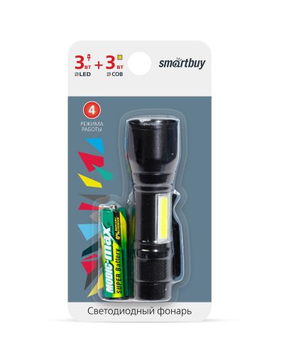 Фото товара Светодиодный алюминиевый фонарь 3Вт LED+ 3 Вт COB, AA, черный (SBF-104)/360 — Krasavita.by