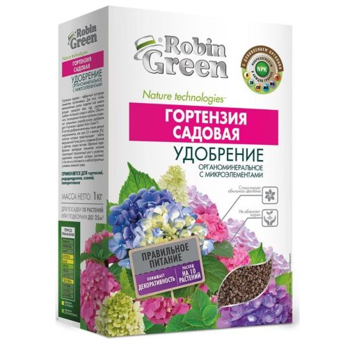 Фото товара Удобрение Robin Green органоминеральное с микроэлементами для ГОРТЕНЗИИ в коробке, 1 кг/463003566926 — Krasavita.by