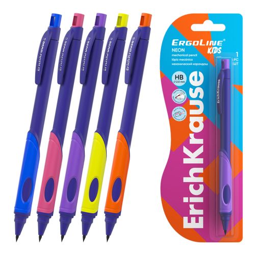 Фото товара Карандаш механический ErichKrause ErgoLine® Kids Neon 2.0 мм, с точилкой, НВ (в блистере 1 шт.) — Krasavita.by