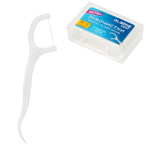 Фото товара Зубочистки с зубной нитью 55 шт, белые, LAIMA DENT, 609404 — Krasavita.by