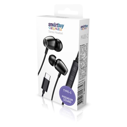 Фото товара Внутриканальная гарнитура Smartbuy M400-C, металлич корпус,микрофон, пульт, TYPE-C (SBH-029K-C)/60 — Krasavita.by