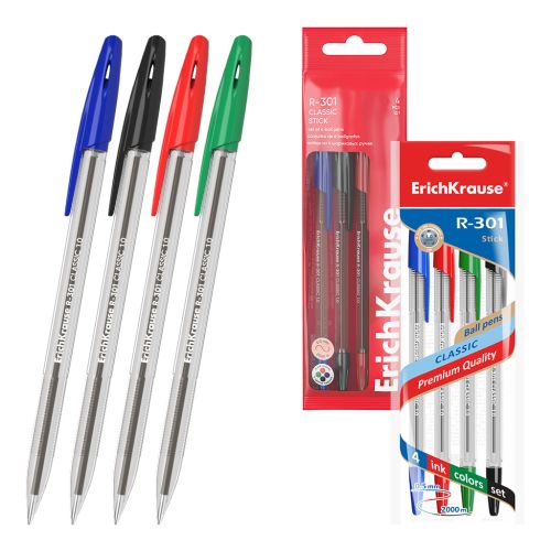 Фото товара Набор из 4 ручек шариковых ErichKrause R-301 Stick Classic 1.0, цвет чернил: синий, черный, красный, — Krasavita.by