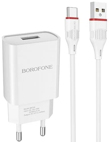 Фото товара BOROFONE BA20A/ Сетевое ЗУ + Кабель Type-C 1m/ 1 USB/ Выход: 10.5W/ White — Krasavita.by