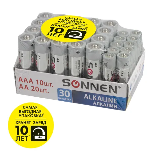Фото товара Батарейки КОМПЛЕКТ 30 (20+10) шт, SONNEN Alkaline, AA+ААА (LR6+LR03), в коробке, 455097 — Krasavita.by
