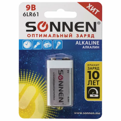 Фото товара Батарейки Sonnen 6LR61(типа крона)  алкалин в блистере 9В — Krasavita.by