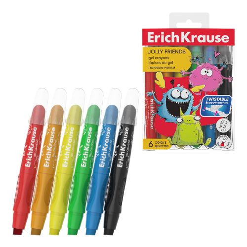 Фото товара Гелевые мелки ErichKrause Jolly Friends, 6 цветов (в ПЭТ-боксе с европодвесом 6 шт) — Krasavita.by
