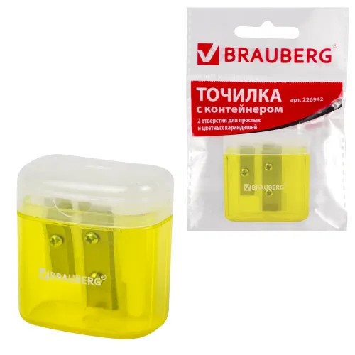 Фото товара Точилка BRAUBERG с контейнером, пластиковая, прямоуг., 2 отверстия, с крышкой, ассорти, 226942 — Krasavita.by
