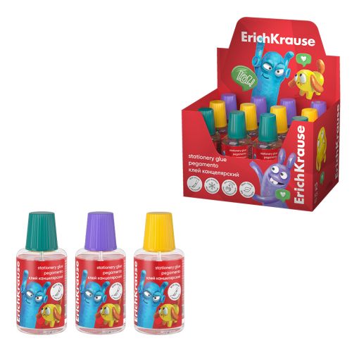 Клей канцелярский ErichKrause EasyStick Jolly Friends, с кисточкой, 20мл, ассорти (в дисплее по 12 ш