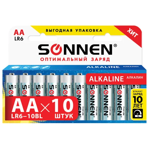 Фото товара Батарейки SONNEN, AA (LR6), КОМПЛЕКТ 10шт., АЛКАЛИН , в блистере, 1.5В, 451086 — Krasavita.by
