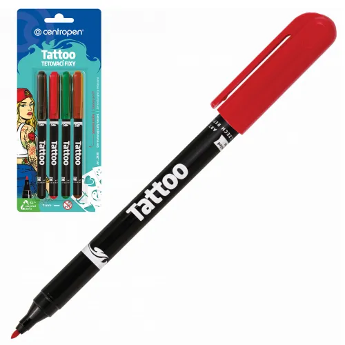 Фото товара Фломастеры для кожи 4 ЦВЕТА CENTROPEN "Tattoo", + 16 трафаретов, смываемые, 2880/4BL — Krasavita.by