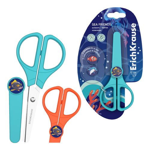 Фото товара Ножницы ErichKrause Sea Friends Protect, с пластиковым чехлом и наклейками, 13 см, ассорти (в блисте — Krasavita.by