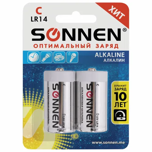 Фото товара Батарейки SONNEN Alkaline, C (LR14), алкалиновые, 2 шт, в блистере, 451090 — Krasavita.by