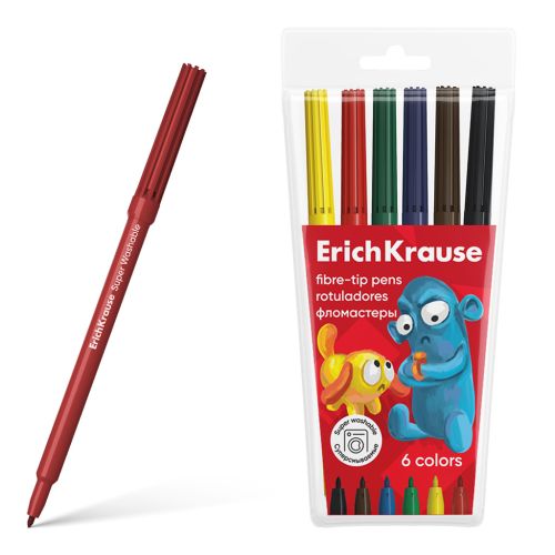 Фото товара Фломастеры ErichKrause Jolly Friends Super Washable 6 цветов (в футляре с европодвесом 6 шт) — Krasavita.by
