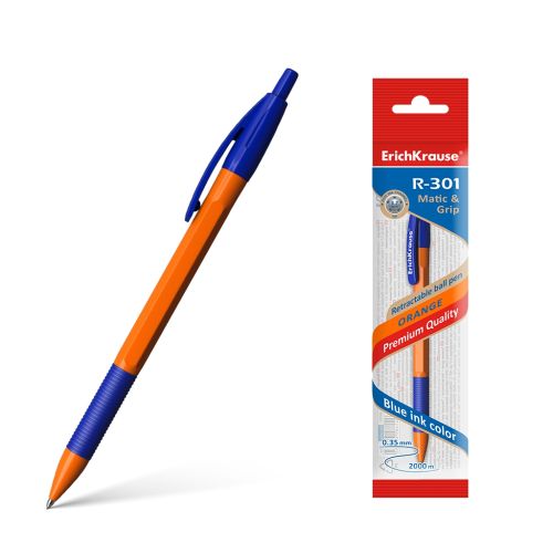 Фото товара Ручка шариковая автоматическая ErichKrause R-301 Matic&Grip Orange 0.7, цвет чернил синий (в пакете — Krasavita.by