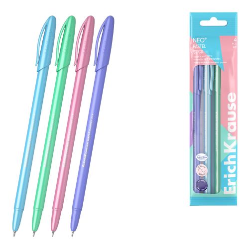 Фото товара Набор из 4 ручек шариковых ErichKrause Neo® Stick Pastel 0.7, Super Glide Technology, цвет чернил си — Krasavita.by
