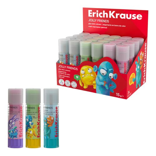 Клей-карандаш ErichKrause EasyStick Jolly Friends, 15г, цветной (в коробке-дисплее по 24 шт.)