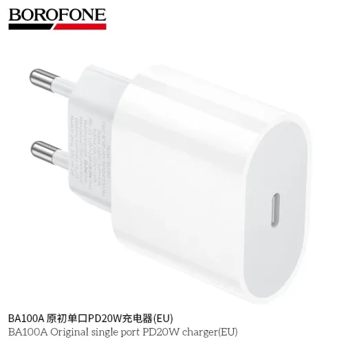 Фото товара BOROFONE BA100A/ Сетевое ЗУ/ PD/ 1 разъём Type-C/ Выход: 20W/ белый — Krasavita.by
