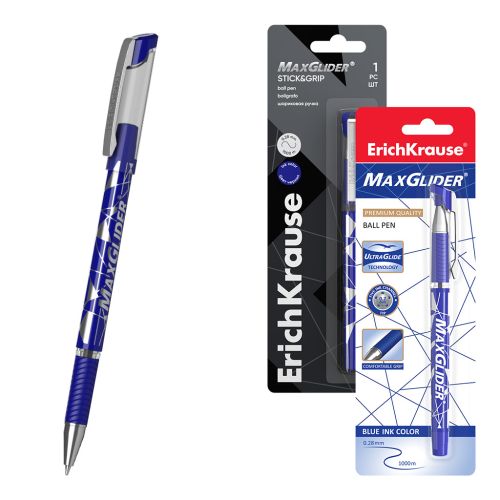Фото товара Ручка шариковая ErichKrause MaxGlider® Stick&Grip 0.7, Ultra Glide Technology, цвет чернил синий (в — Krasavita.by