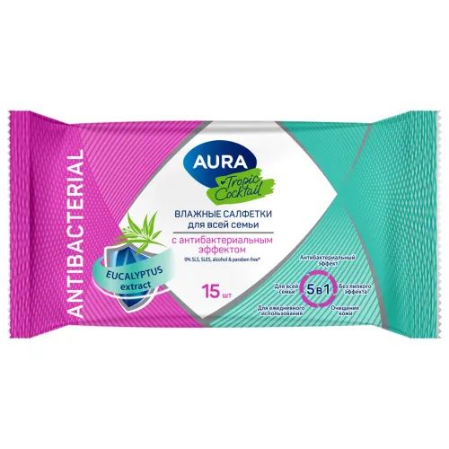 Фото товара Влажные салфетки  AURA Tropic Coctail 15шт с антибактериальным эффектом pocket-pack компакт*10/110 — Krasavita.by