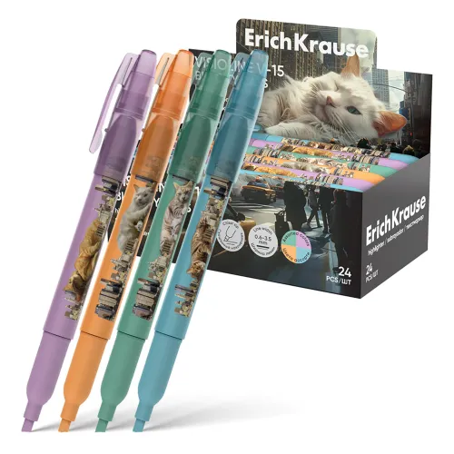 Фото товара Текстовыделитель ERICH KRAUSE V-15 "Big City Cats", АССОРТИ, линия письма 0,6-3,5 мм, 63368 — Krasavita.by