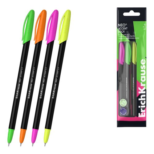 Фото товара Набор из 4 ручек шариковых ErichKrause Neo® Stick Accent 0.7, Super Glide Technology, цвет чернил си — Krasavita.by