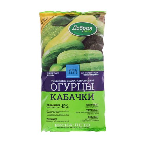 Фото товара Добрая сила удобрение открытого грунта Огурцы-Кабачки, пак.0,9кг/12 4607036357892 — Krasavita.by