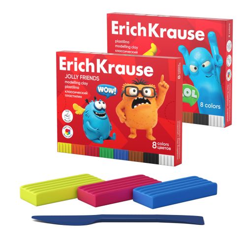 Фото товара Пластилин классический ErichKrause Jolly Friends 8 цветов со стеком, 144 г (в коробке 8 шт) — Krasavita.by