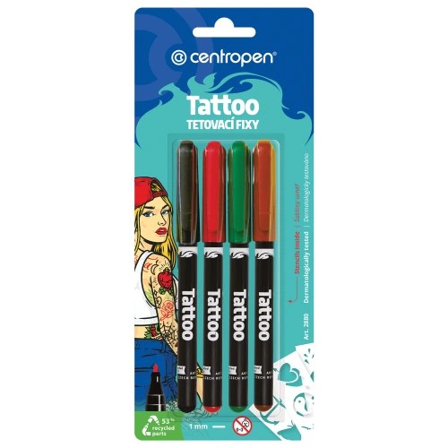 Фото товара Фломастеры для кожи 4 ЦВЕТА CENTROPEN "Tattoo", + 16 трафаретов, смываемые, 2880/4BL — Krasavita.by
