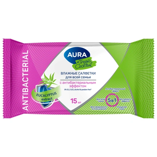 Фото товара Влажные салфетки  AURA Tropic Coctail 15шт с антибактериальным эффектом pocket-pack компакт*10/110 — Krasavita.by