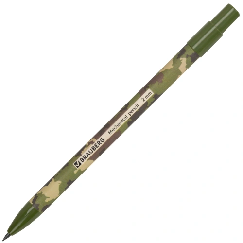 Фото товара Карандаш механический цанговый 2 мм, BRAUBERG PRINT MILITARY, точилка, корпус ассорти, 181962 — Krasavita.by
