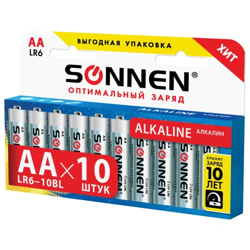Фото товара Батарейки SONNEN, AA (LR6), КОМПЛЕКТ 10шт., АЛКАЛИН , в блистере, 1.5В, 451086 — Krasavita.by