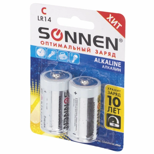 Фото товара Батарейки SONNEN Alkaline, C (LR14), алкалиновые, 2 шт, в блистере, 451090 — Krasavita.by