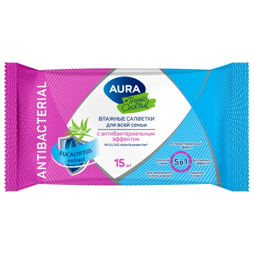 Фото товара Влажные салфетки  AURA Tropic Coctail 15шт с антибактериальным эффектом pocket-pack компакт*10/110 — Krasavita.by