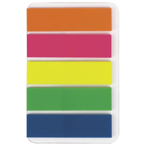 Фото товара Закладки клейкие BRAUBERG, NEON COLOR, пластиковые, 45*12мм, 5цв.*20л., в пласт. книжке, 122706 — Krasavita.by